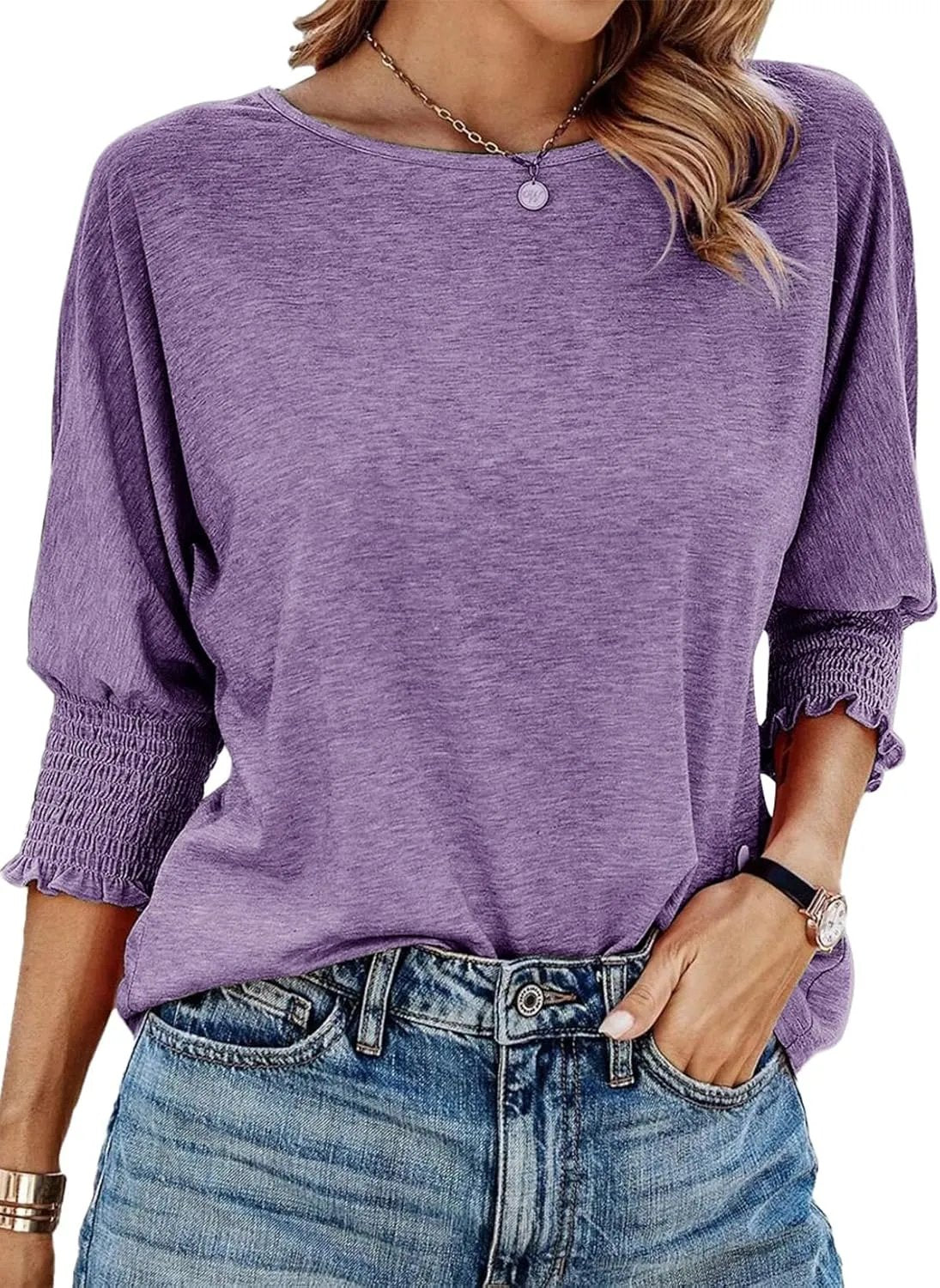 ☀️Summer Hot Sale 50% OFF🌼🎨Women Dressy 3/4 Length Sleeve Casual Tops with Smocked Cuffs